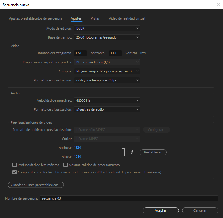 Interfaz de ajustes de secuencia de Adobe Premiere Pro