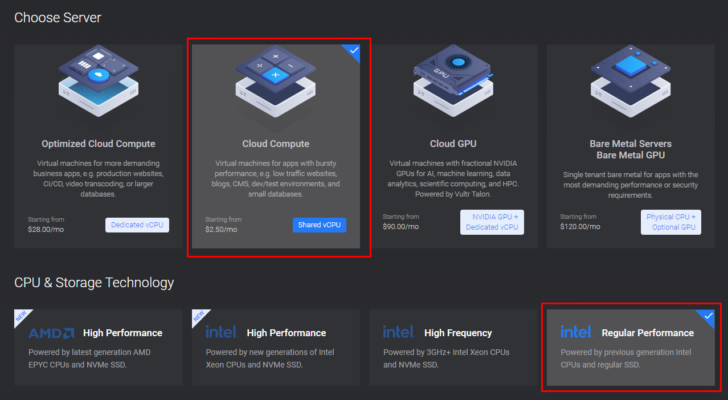 Configurar VPS en Vultr: cloud compute + intel regular performance