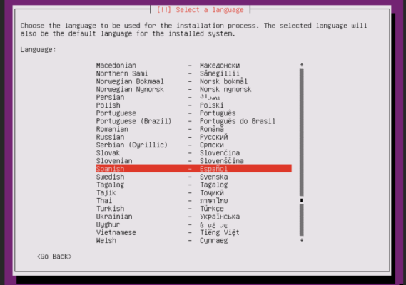 Pantalla de selección de idioma en la instalación de Ubuntu Minimal