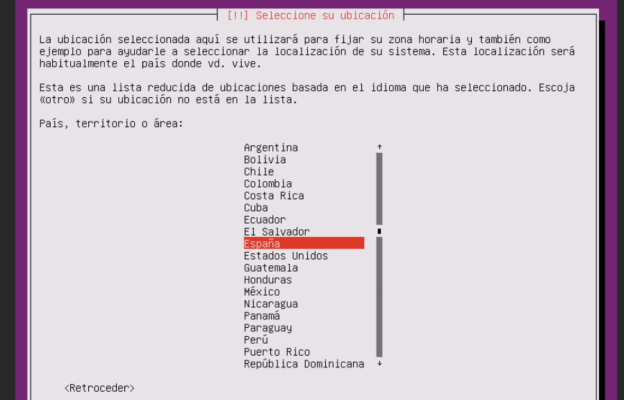 Pantalla de selección de ubicación en la instalación de Ubuntu Minimal